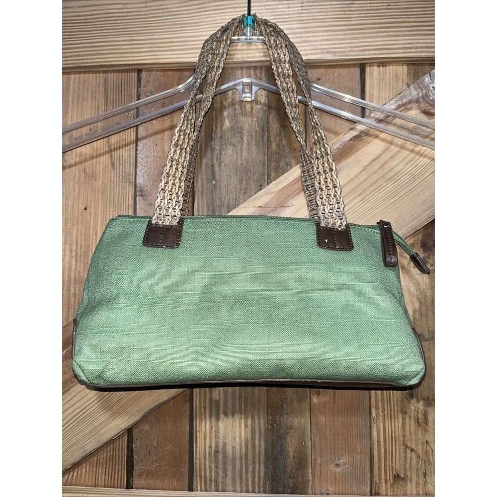 G.H. Bass & Co. Shoulder Bag Green Canvas Brown Handles Zip Closure Vacation‎